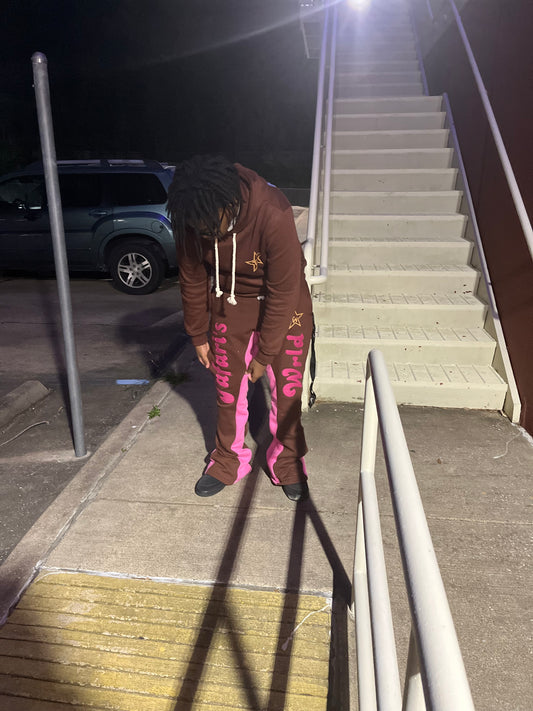 “Tafari’s Wrld” Brown Distressed Flared Pants