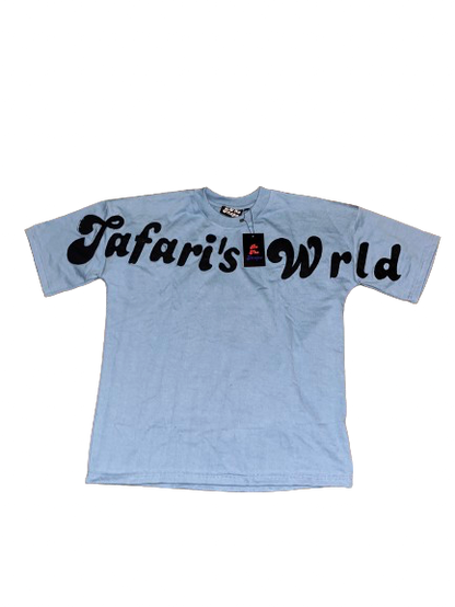 Tafari’s Wrld” Blue Distressed Embroidery Tee