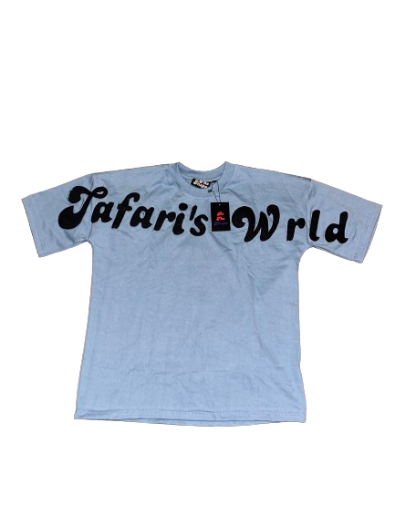 Tafari’s Wrld” Blue Distressed Embroidery Tee